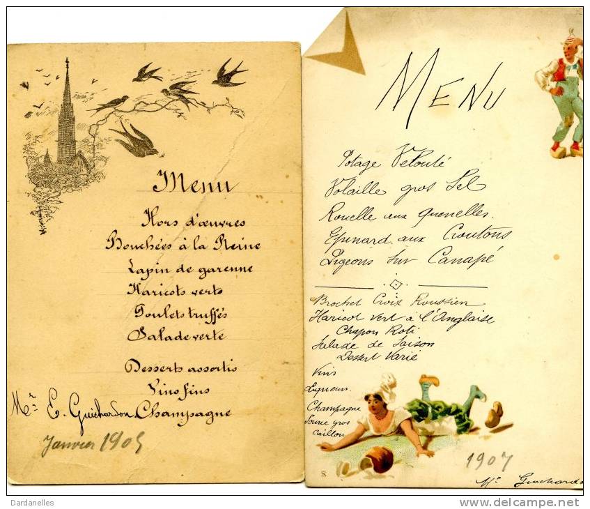 5762 - Deux Menus De 1905 Et De 1907 De Chez Guichardon, Sans Doute En Savoie - Menu