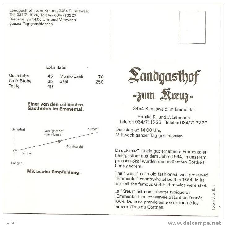 Landgasthof Zum Kreuz Sumiswald Ansichts- Und Werbekarte - Sumiswald