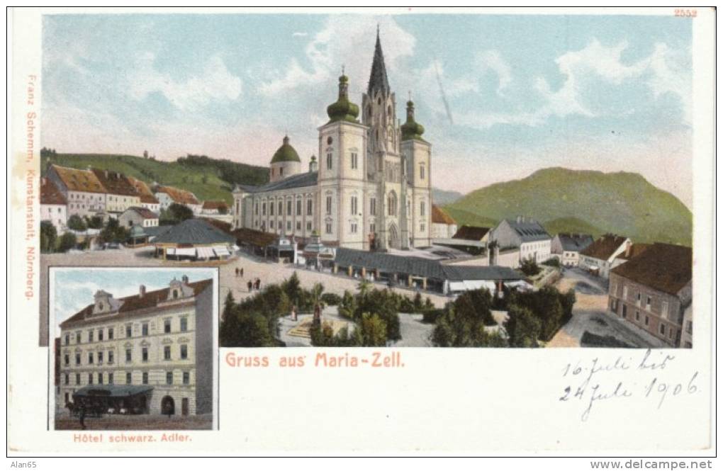 Gruss Aus Mariazell Maria-Zell, Styria, Hotel Schwarz Adler, Town View,  On C1900s Vintage Postcard - Mariazell