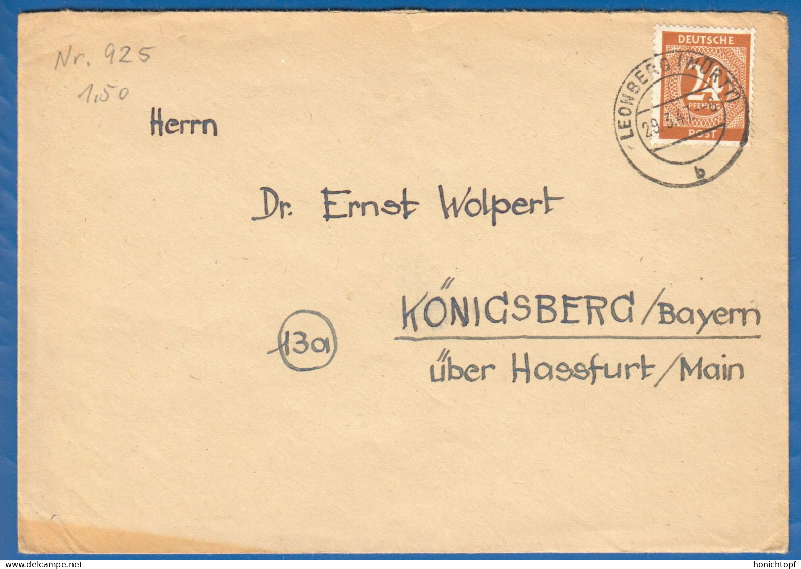 Deutschland; Alliierte Besetzung MiNr. 925; Brief V Leonberg Württ N Königsberg Bayern; 29.03.1947 - Covers & Documents