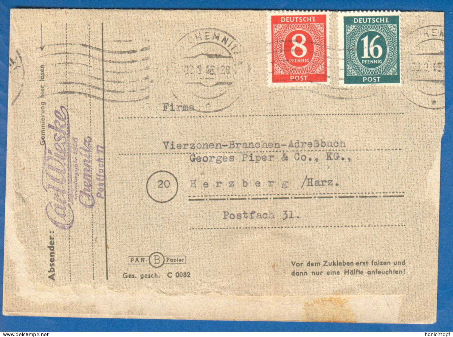 Deutschland; Alliierte Besetzung MiNr. 917 + 923; Brief Von Chemnitz Nach Vierzonen-Branchen-Adressbuch Herzberg - Lettres & Documents