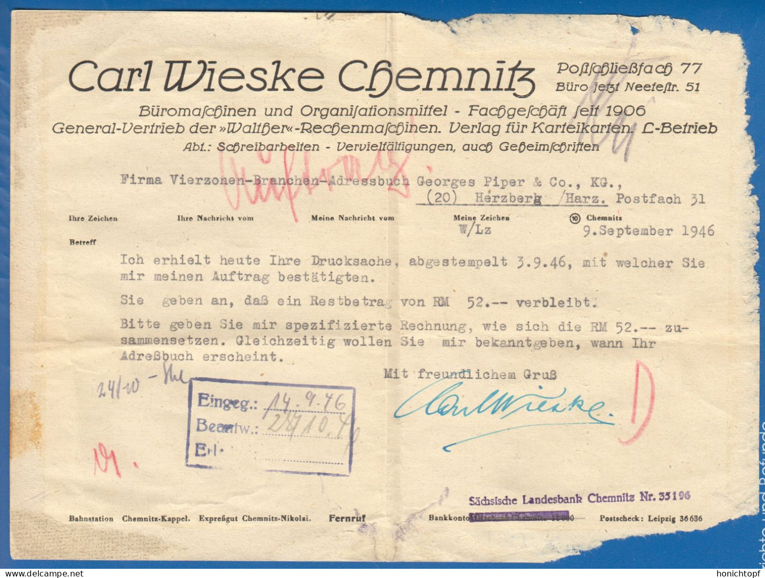 Deutschland; Alliierte Besetzung MiNr. 917 + 923; Brief Von Chemnitz Nach Vierzonen-Branchen-Adressbuch Herzberg - Lettres & Documents