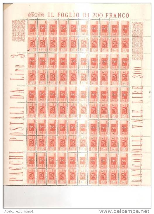 54049)foglio Intero Di 100 Valori Da 3£ Serie Pacchi Postali 1946 Italia Nuovi Con Filigrana SB - Postal Parcels