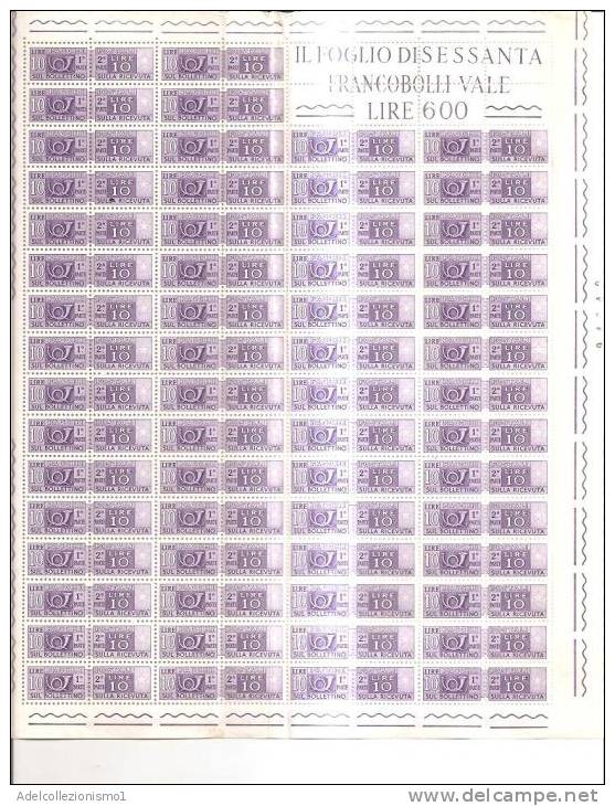 54052)foglio Intero Nuovo  Di 60 Valori Da 10£ Serie Pacchi Postali Filigrana Stelle - Postpaketten