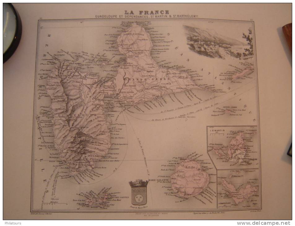 GUADELOUPE ET DÉPENDANCES, ST MARTIN & BARTHÉLEMY Carte Géographique Ancienne Originale - Cartes Géographiques