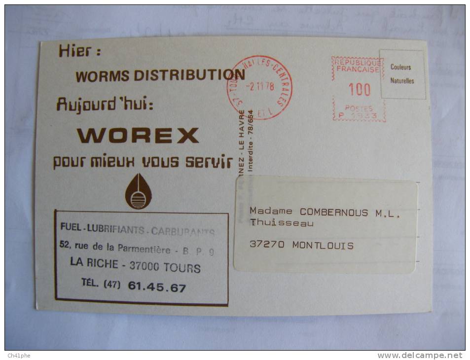 RARE CARTE PUBLICITAIRE WOREX FUEL LUBRIFIANT 52 RUE DE LA PARMENTIERE LA RICHE / TOURS - La Riche