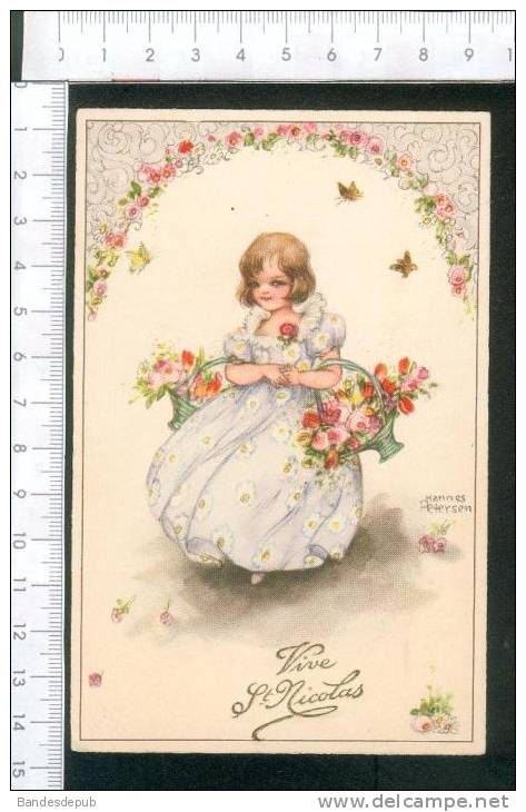 Jolie Carte Illustrateur Petersen Saint Nicolas Petite Fille Panier Fleurs N 415 - Petersen, Hannes