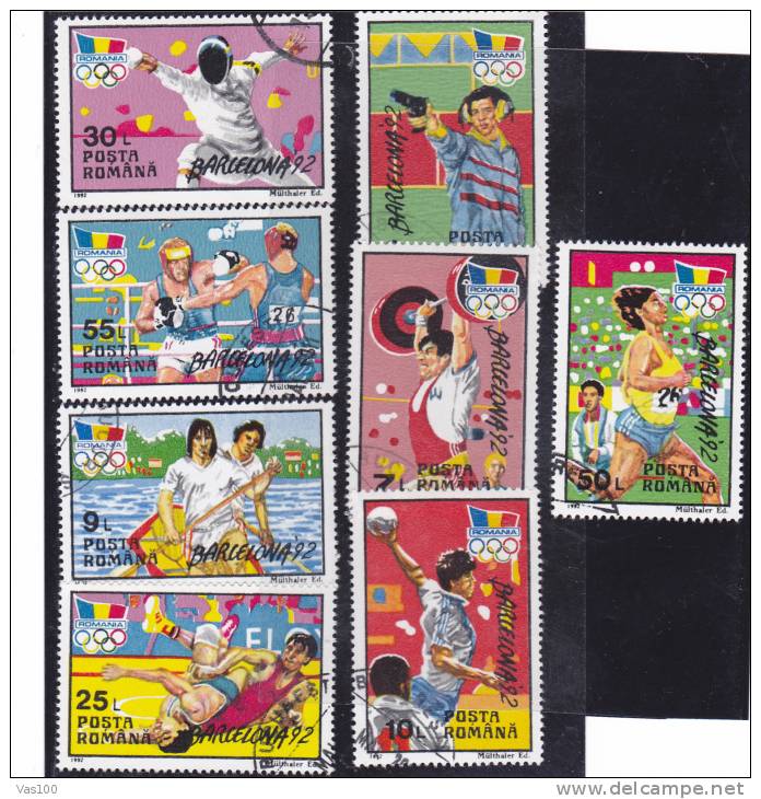 Olympic Games Barcelona;Scrime,Rowing Etc.,full Set 8 Stamps 1992,VFU, CTO Romania. - Gebraucht