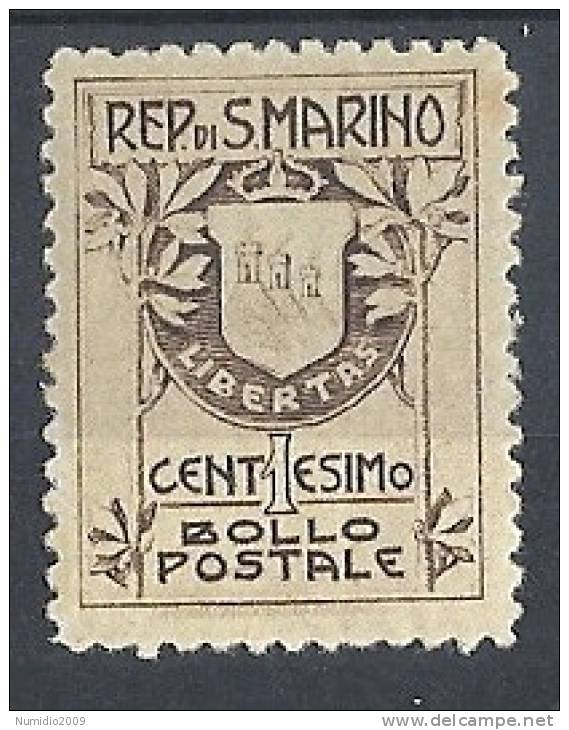 1907 SAN MARINO STEMMA 1 CENT MH * - RR8762 - Neufs