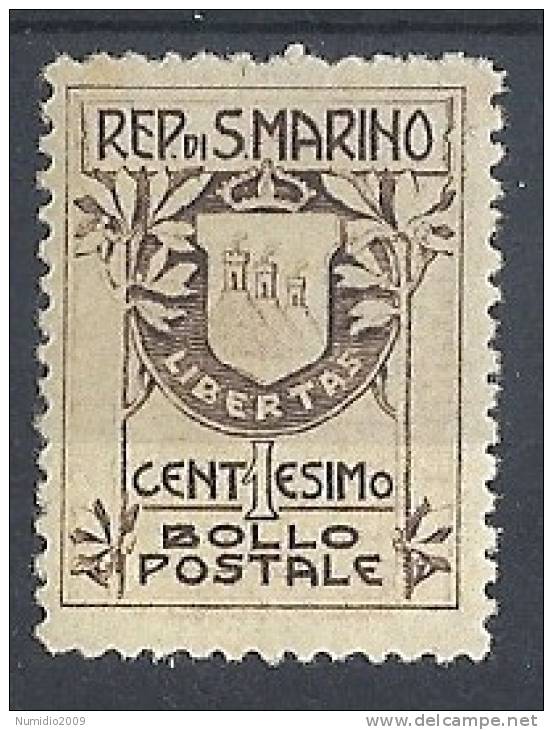 1907 SAN MARINO STEMMA 1 CENT MH * - RR8762-2 - Neufs