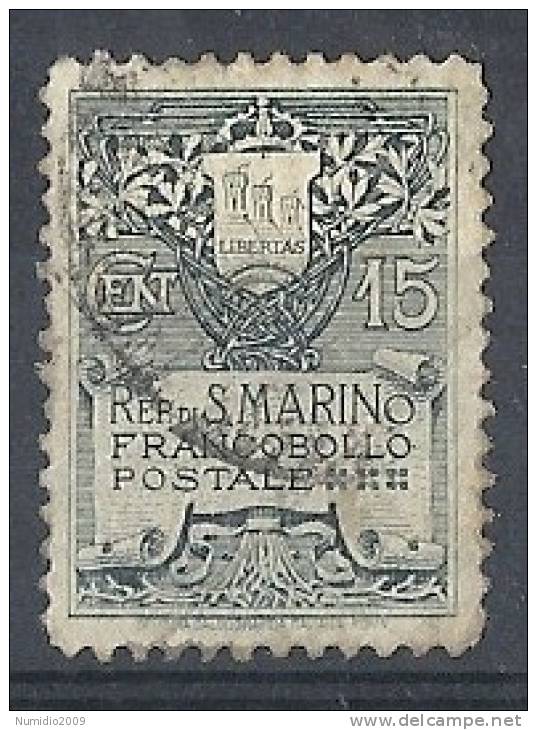 1907 SAN MARINO USATO STEMMA 15 CENT - RR8762 - Used Stamps