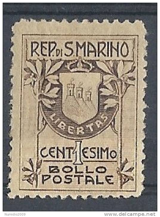 1910 SAN MARINO STEMMA 1 CENT MH * - RR8762-2 - Neufs