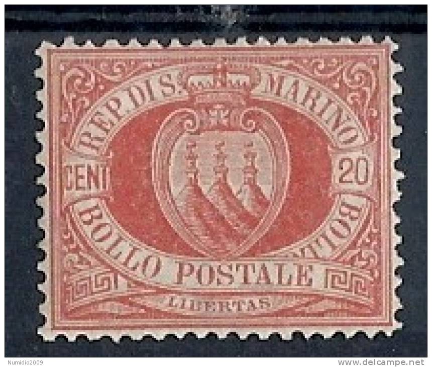 1877-90 SAN MARINO STEMMA 20 CENT LUSSO MH * - RR8763 - Neufs