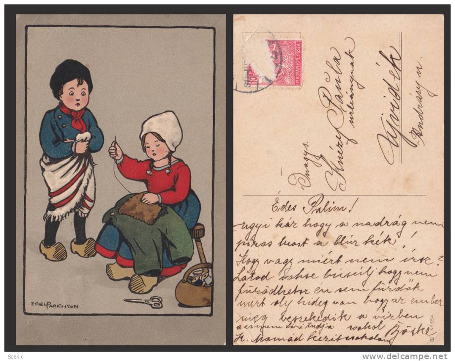 CHILDREN LITTLE GIRL BOY SEWING TROUSERS OLD POSTCARD - D10957 - Parkinson, Ethel