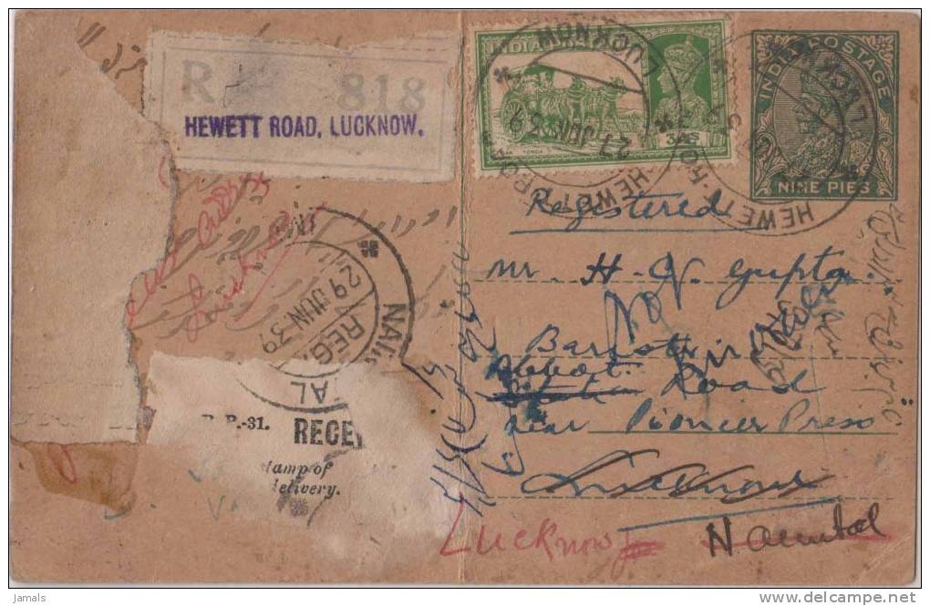 Br India King George V, Postal Card, Registered, Hewett Road Lucknow Postmark, India As Per The Scan - 1911-35  George V