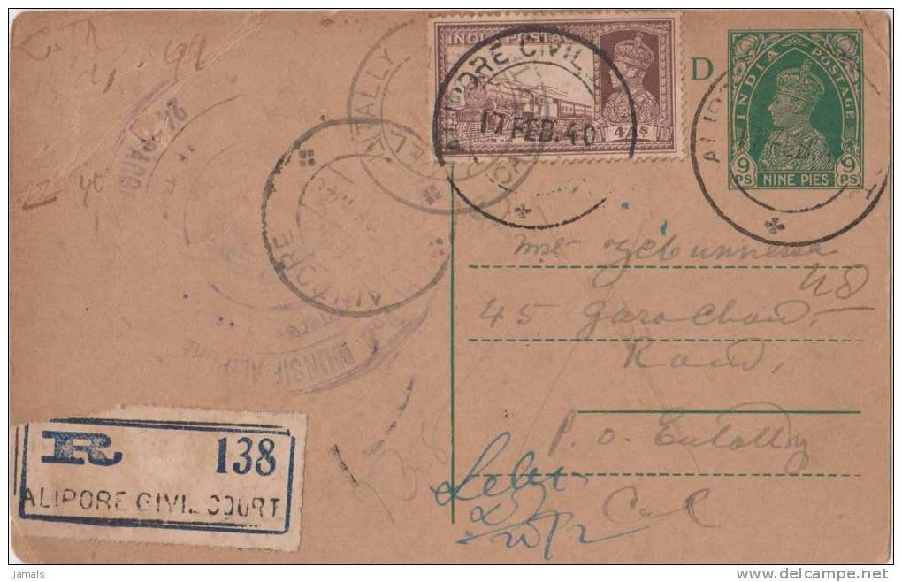 Br India King George V, Postal Card, Registered, Alipore Civil Court, KGVI  4 An, Train, India As Per The Scan - 1911-35 Roi Georges V