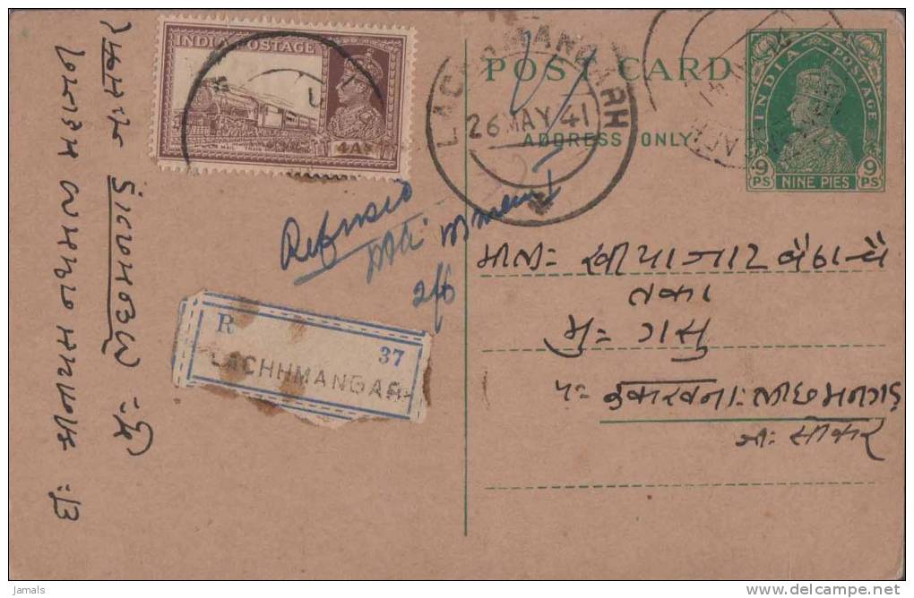 Br India King George Vl, Postal Card, Registered, Bearing 4 An Train, India As Per The Scan - 1936-47 King George VI