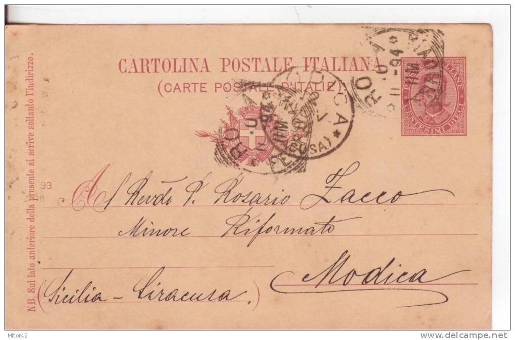 C23-Regno Umberto I-anno 1893-Intero Postale-Cartolina Postale -10c. Da Roma A Modica-Siracusa-Sicilia . - Entero Postal