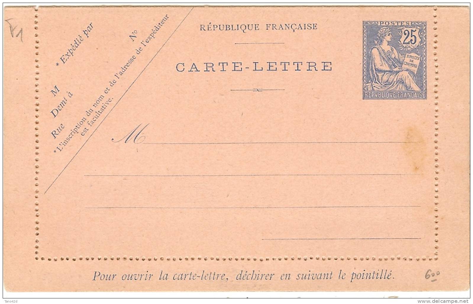 REF LTR7 - CARTE LETTRE TYPE MOUCHON RETOUCHE 25c  NEUVE - Kaartbrieven