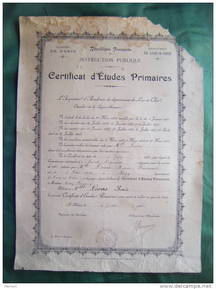 Diplome -certificat D´etudes Primaires-departement De Loir Et Cher--st Aignan- 1923 - Art Populaire