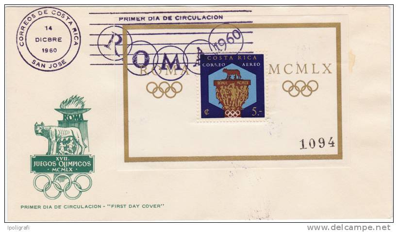 Costa Rica - 1960 - FDC, Special Cancellation - Jeux Olympiques De Rome - Souvenir Sheet - 14-12-60 - Summer 1960: Rome