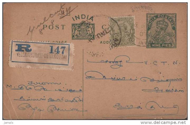 Br India King George V, Postal Card, Registered, India As Per The Scan - 1911-35 Roi Georges V