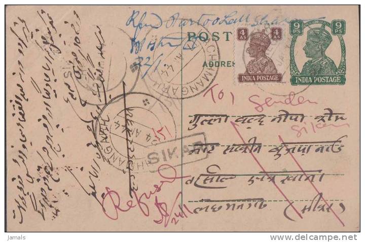 Br India King George VI, Postal Card, Registered, Sikar Postmark, India As Per The Scan - 1936-47 Koning George VI