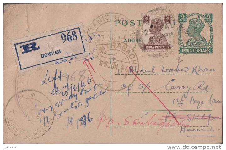 Br India King George VI, Postal Card, Registered, Botanical Garden Postmark, India As Per The Scan - 1936-47 Roi Georges VI