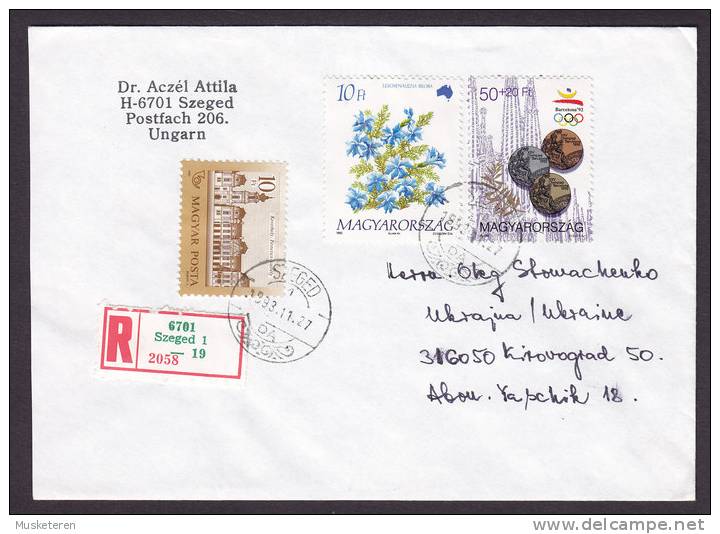 Hungary Registered Recommandée Eischreiben SZEGED Label 1993 Cover To Ukraine Olympic Games Flowers Suzuki Motor Cycle - Cartas & Documentos