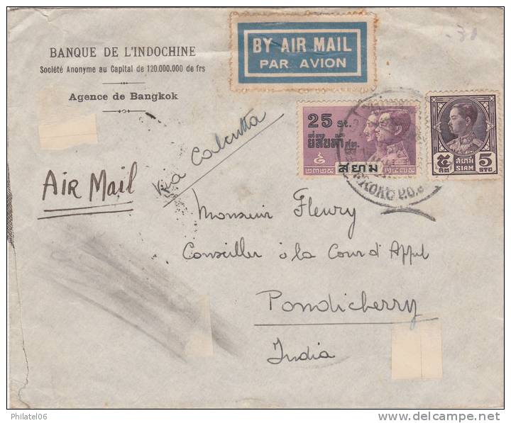 SIAM  LETTRE POUR BUREAU FRANCAIS DE PONDICHERRY  CACHET D'ARRIVEE  1934 - Siam