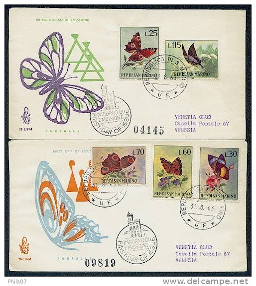 San Marino - Lot Of 2 F. D. C. Covers With Imprinted Image Of Butterflies And Complete Set Of Stamps With Images Of Butt - Papillons