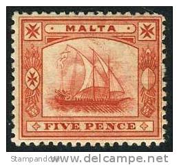 Malta #44 Mint Hinged 5p Red Ancient Galley From 1904 - Malta (...-1964)