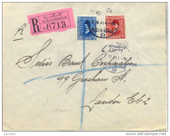 Lettre De Alexandrie Vers London, Recommande 1931. Cover - Storia Postale