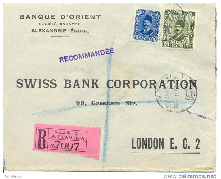 Lettre De Alexandrie Vers London, Recommande 1931. Cover - Storia Postale