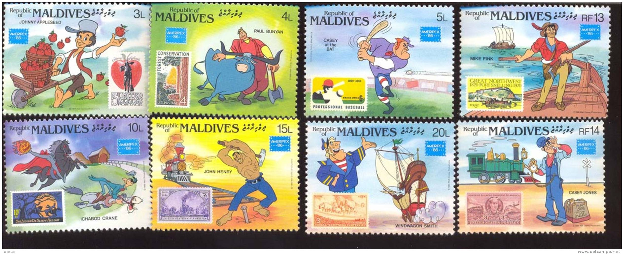 #  S-417  MINT NEVER HINGED SET OF STAMPS OF DISNEY ; AMERIPEX'86   ( MALDIVES   1162-9 - Disney