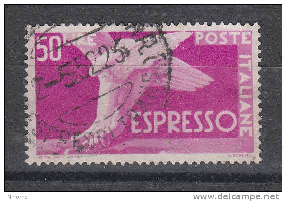 Italia   -   1946/51.  Espresso  50 £  Fil. Ruota. Timbro Di Lusso.  Ottima Centratura - Correo Urgente/neumático