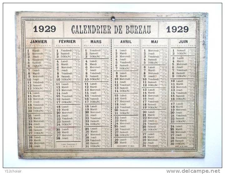 CALENDRIER DE BUREAU 1929 . 25 Cm X 33 Cm CARTONNAGE CARTON - Formato Grande : 1921-40