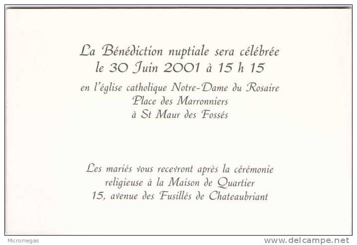 Patrick HAMM - Mariage De Catherine Et Alexandre - Saint-Maur-des-Fossés 2001- Carte Double - Hamm