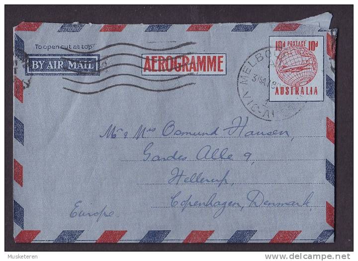 Australia Airmail Aerogramme 10 D. Globe MELBOURNE 1954 To HELLERUP Copenhagen Denmark - Aérogrammes