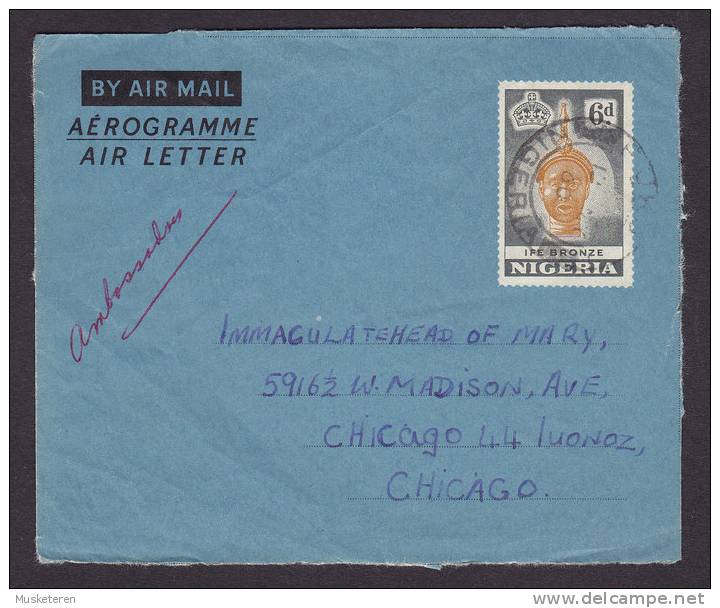 Nigeria Airmail Aérogramme Air Letter 6 D. Ipe Bronze Head 1060 Cover Frontside To CHICAGO United States - Nigeria (...-1960)