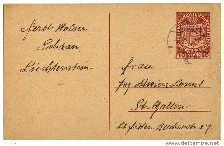 PK  KK.Oesterr.Post  Schaan - St.Gallen   (blauer Stempel)       1919 - Stamped Stationery
