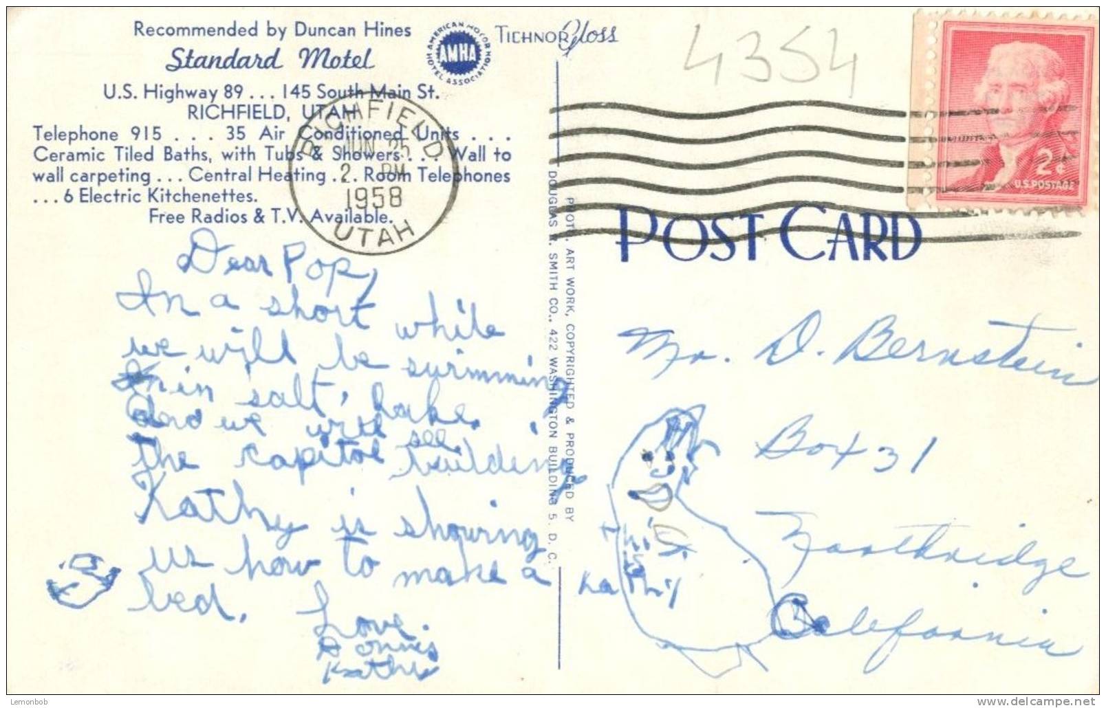 USA – United States – Recommended By Duncan Hines, Standard Motel, Richfield, Utah 1958 Used Postcard [P4354] - Other & Unclassified