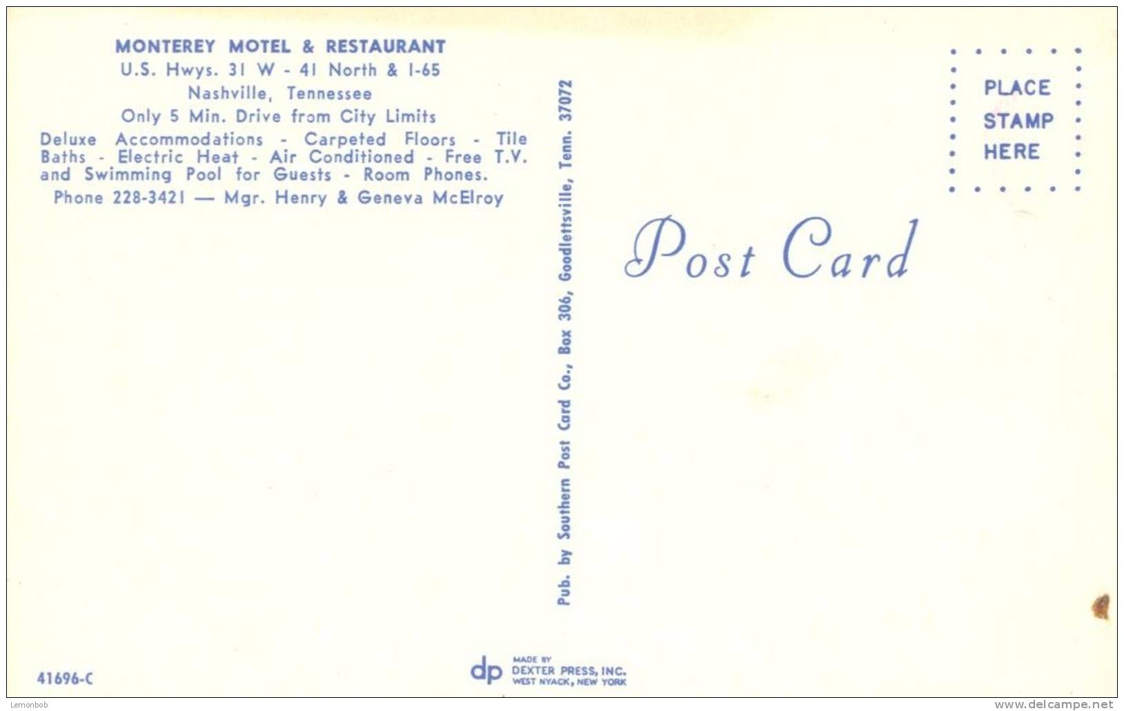 USA – United States – Monterey Motel & Restaurant, Nashville, Tennessee 1960s Unused Postcard [P4357] - Nashville