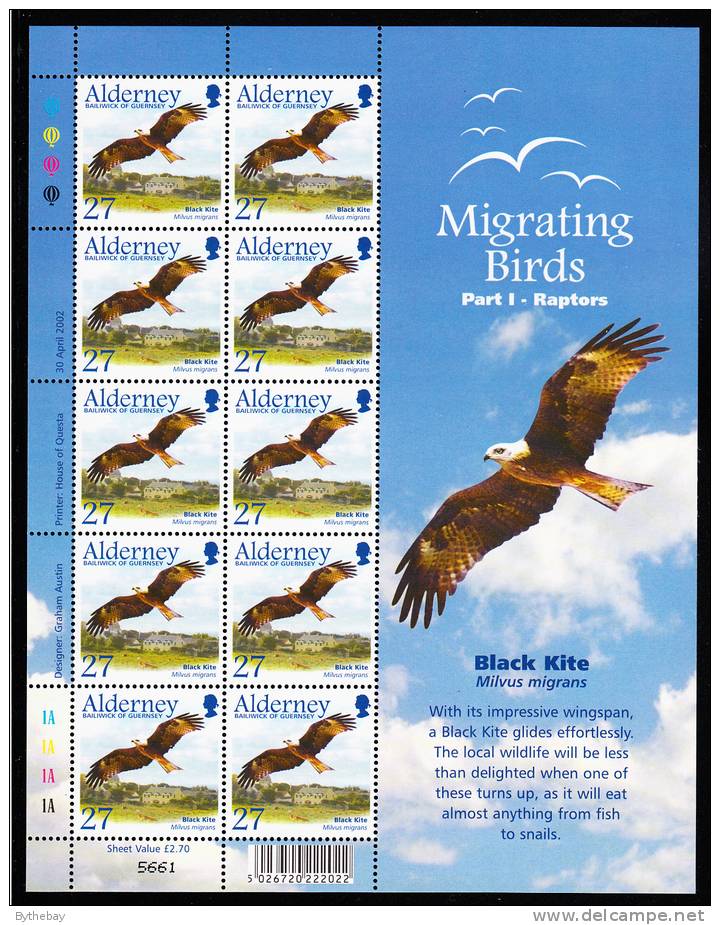 Alderney Scott #186 MNH Minisheet Of 10 27p Black Kite - Migrating Birds - Alderney