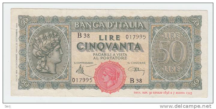 Italy 50 Lire 1944 VF++ P 74 - 50 Lire