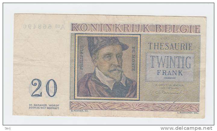 Belgium BELGIQUE 20 Francs 3-4- 1956 VF CRISP Banknote P 132b 132 B - Andere & Zonder Classificatie