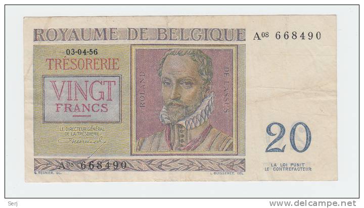 Belgium BELGIQUE 20 Francs 3-4- 1956 VF CRISP Banknote P 132b 132 B - Sonstige & Ohne Zuordnung