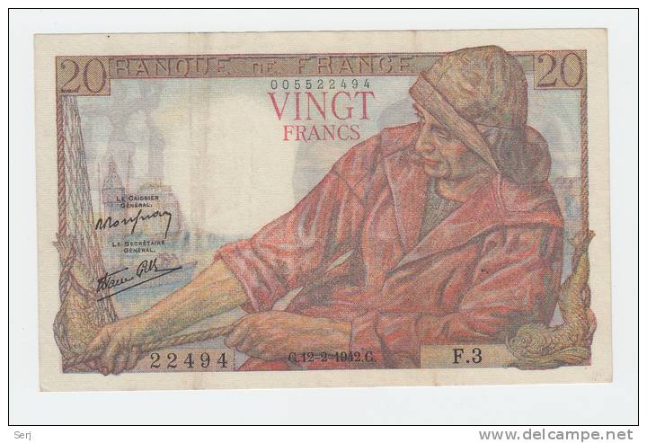 FRANCE 20 FRANCS 1942 AXF P 100a 100 A - 20 F 1942-1950 ''Pêcheur''