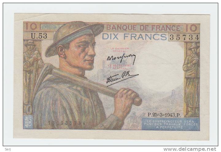 FRANCE 10 FRANCS 1943 AXF P 99e 99 E - 10 F 1941-1949 ''Mineur''