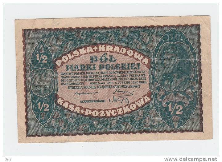 Poland 1/2 Marki 1920 VF CRISP Banknote - Poland